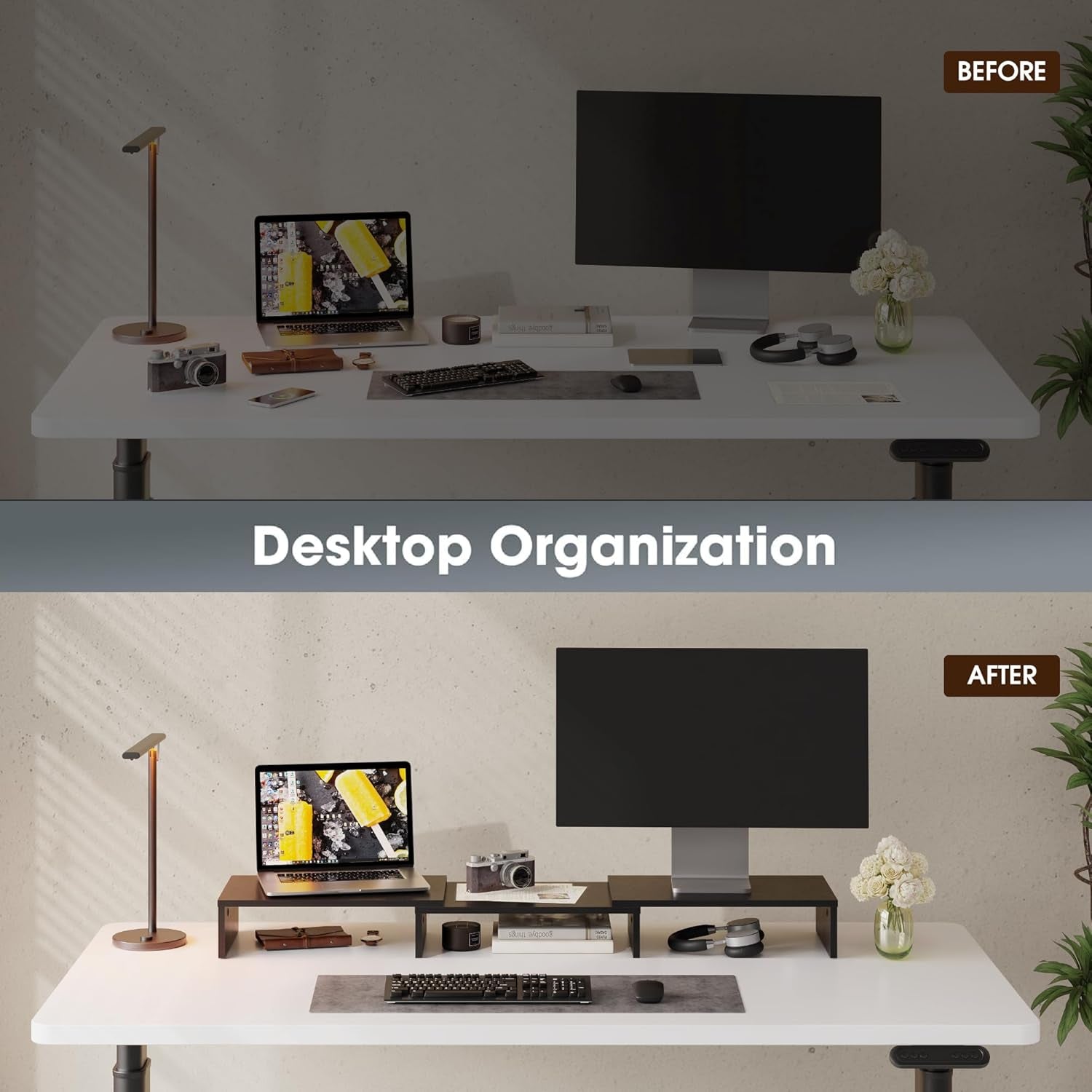 Dual Monitor Stand – 3 Shelf Computer Monitor Riser, Wood Desktop Stand with Adjustable Length and Angle, Desk Accessories, Office Supplies Medium Black,Dt108001Wb