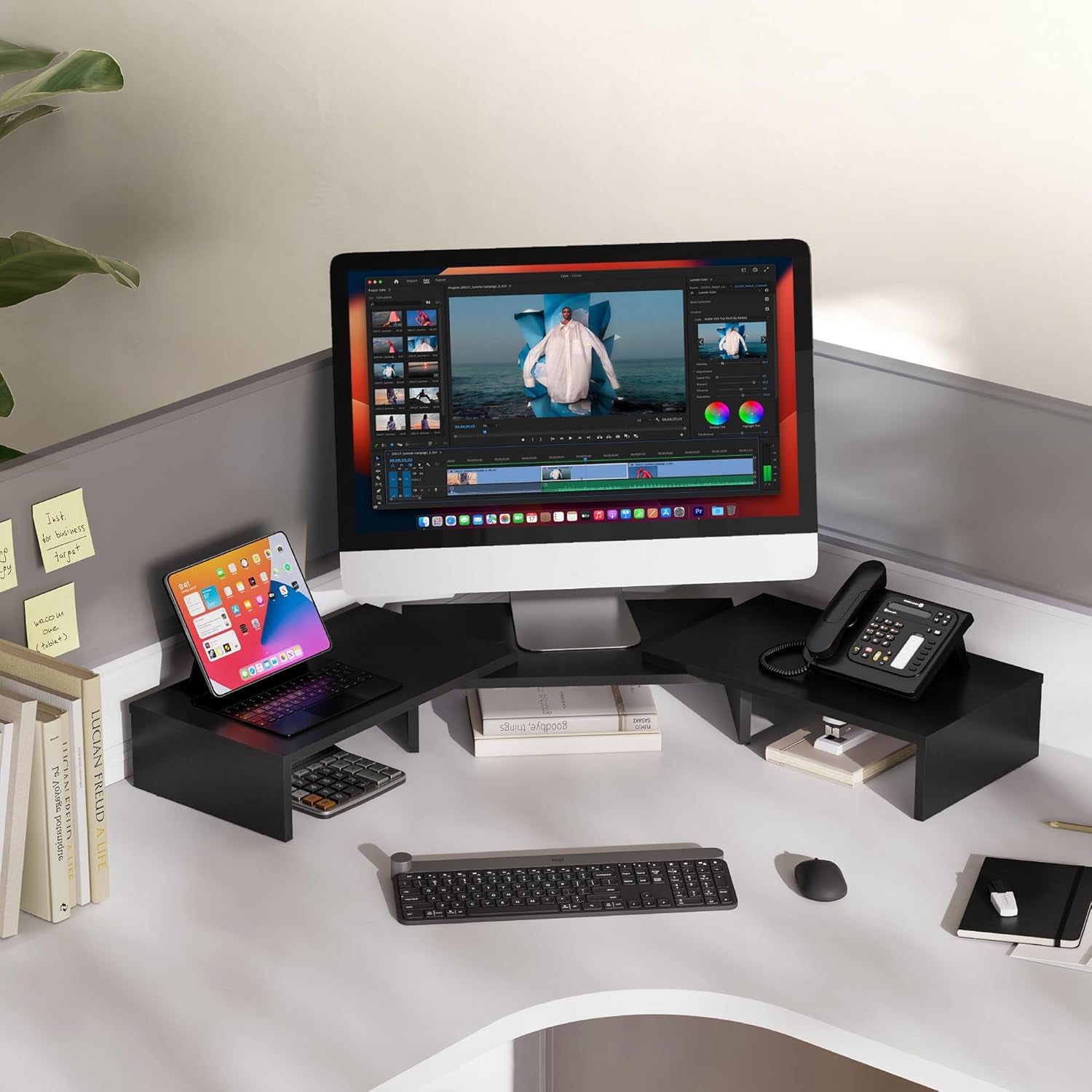 Dual Monitor Stand – 3 Shelf Computer Monitor Riser, Wood Desktop Stand with Adjustable Length and Angle, Desk Accessories, Office Supplies Medium Black,Dt108001Wb