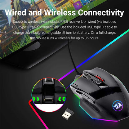 M801 PC Gaming Mouse LED RGB Backlit MMO 9 Programmable Buttons Mouse with Macro Recording Side Buttons Rapid Fire Button for Windows Computer Gamer (Wireless, Black)
