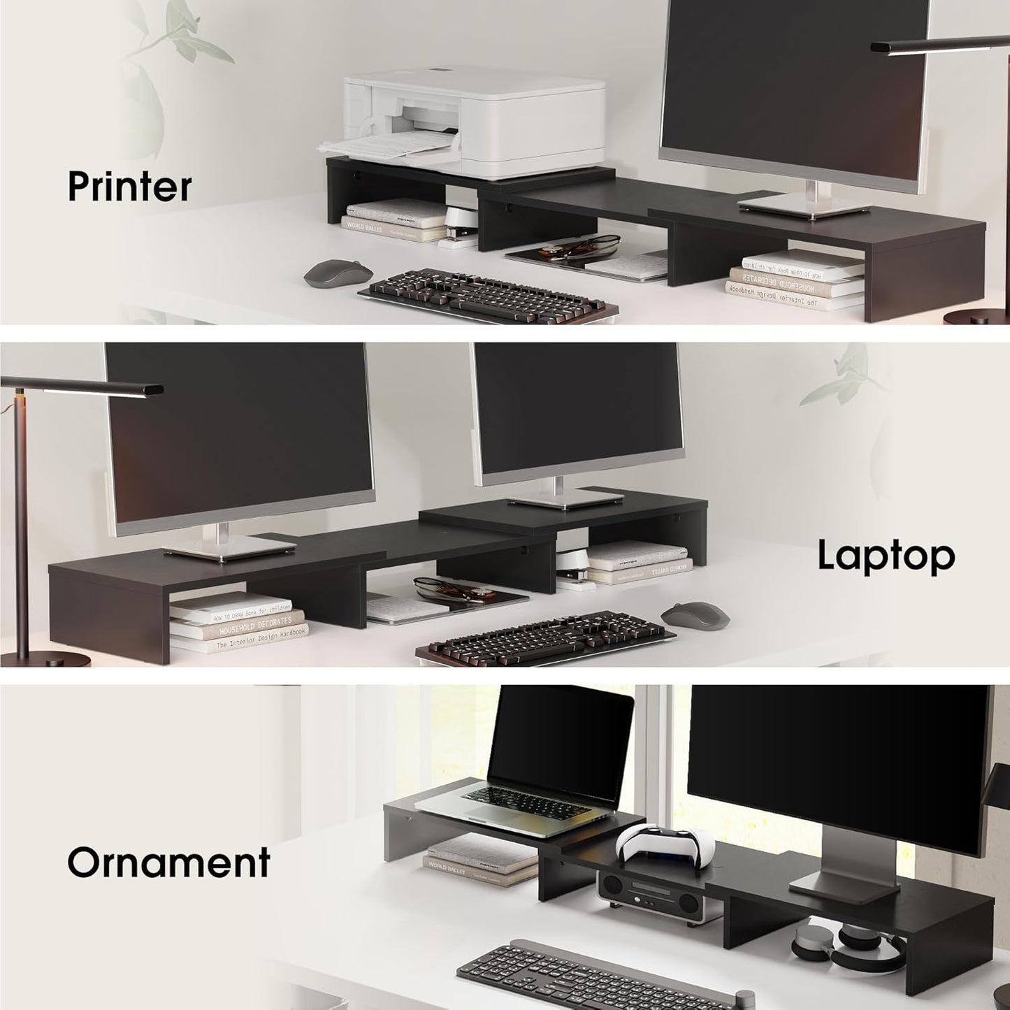 Dual Monitor Stand – 3 Shelf Computer Monitor Riser, Wood Desktop Stand with Adjustable Length and Angle, Desk Accessories, Office Supplies Medium Black,Dt108001Wb