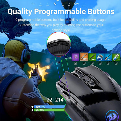 M801 PC Gaming Mouse LED RGB Backlit MMO 9 Programmable Buttons Mouse with Macro Recording Side Buttons Rapid Fire Button for Windows Computer Gamer (Wireless, Black)